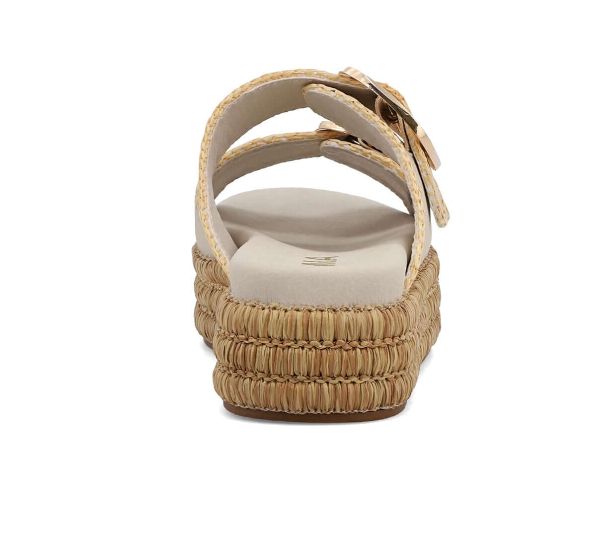 Back view of MiA Mieko platform sandals in seashell color with raffia wrapped bottom and gold buckles.