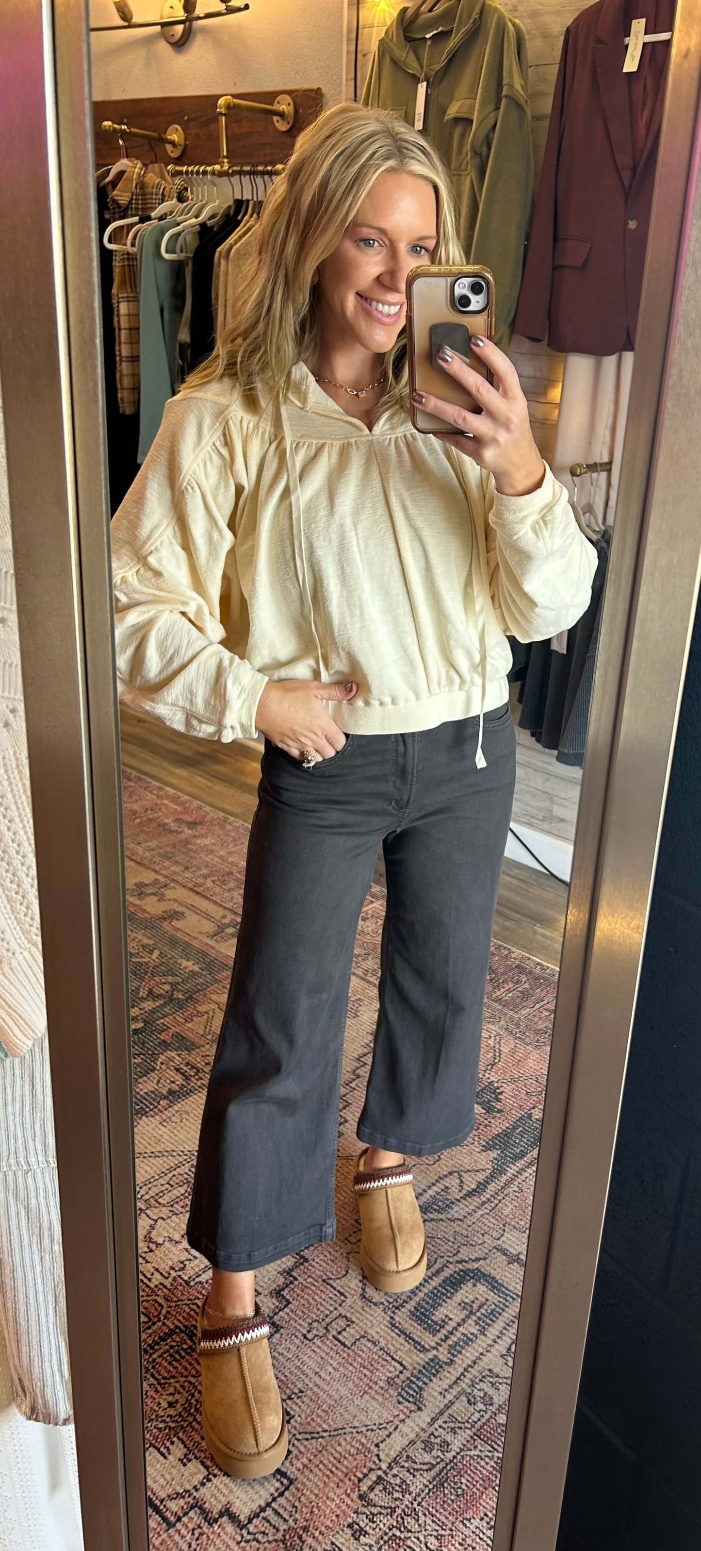 Textured Balloon Sleeve Shirring Detail Top/ cream