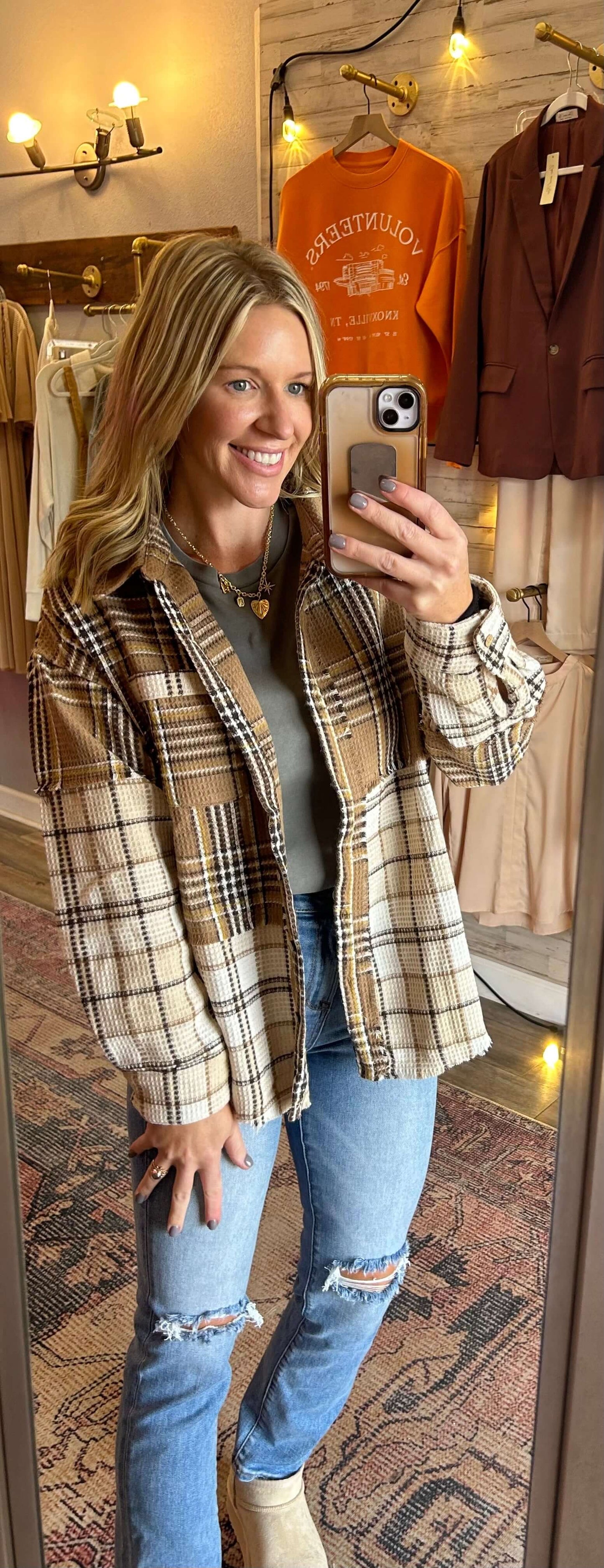 Mocha Waffle Frayed Flannel Button Up