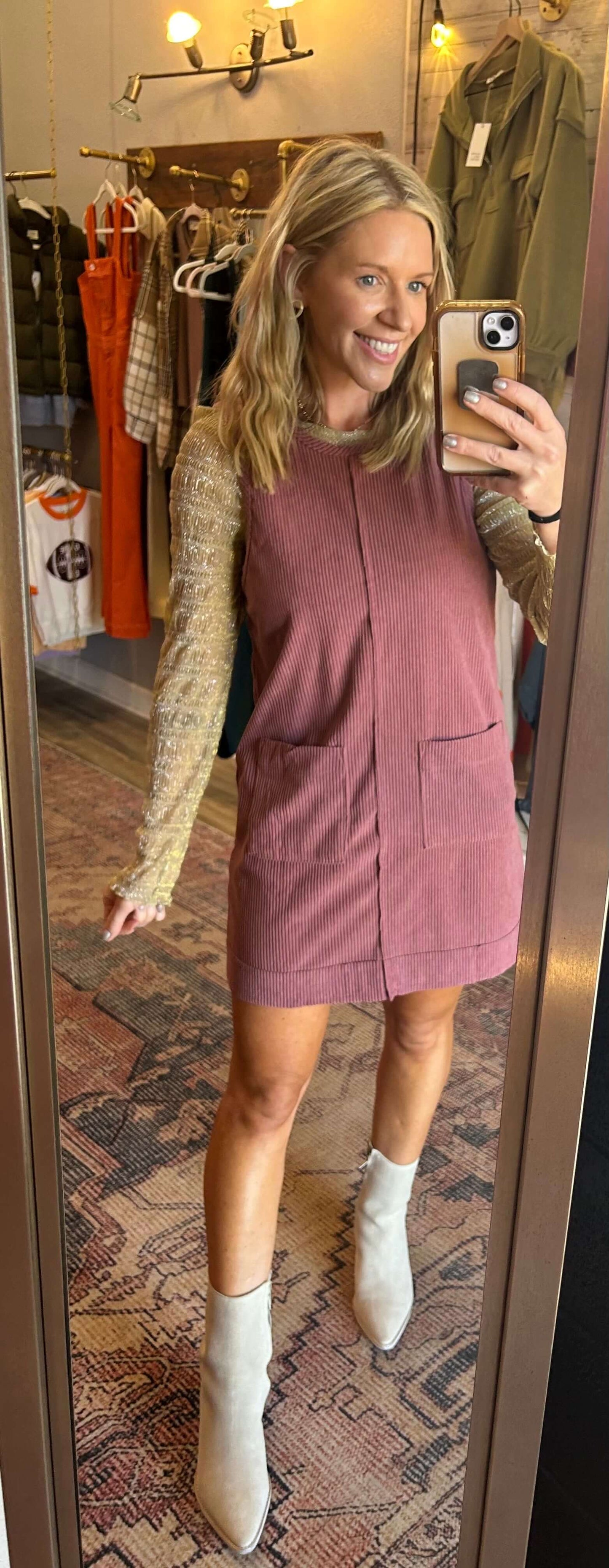 Currently Cute Corduroy Overall Dress/ mauve