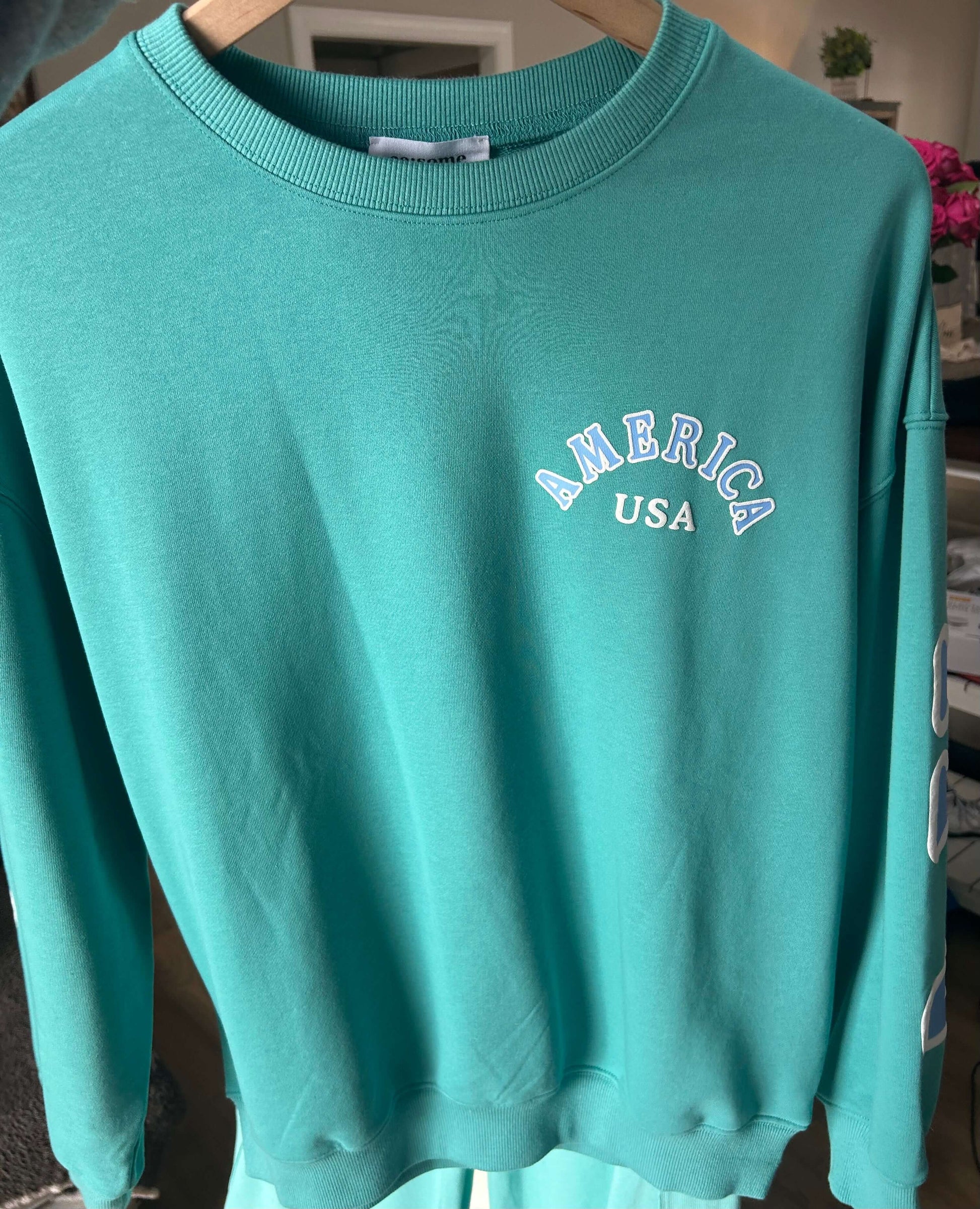 Emerald green America long sleeve pullover sweatshirt with 'AMERICA' print on the back, perfect for spring and summer.