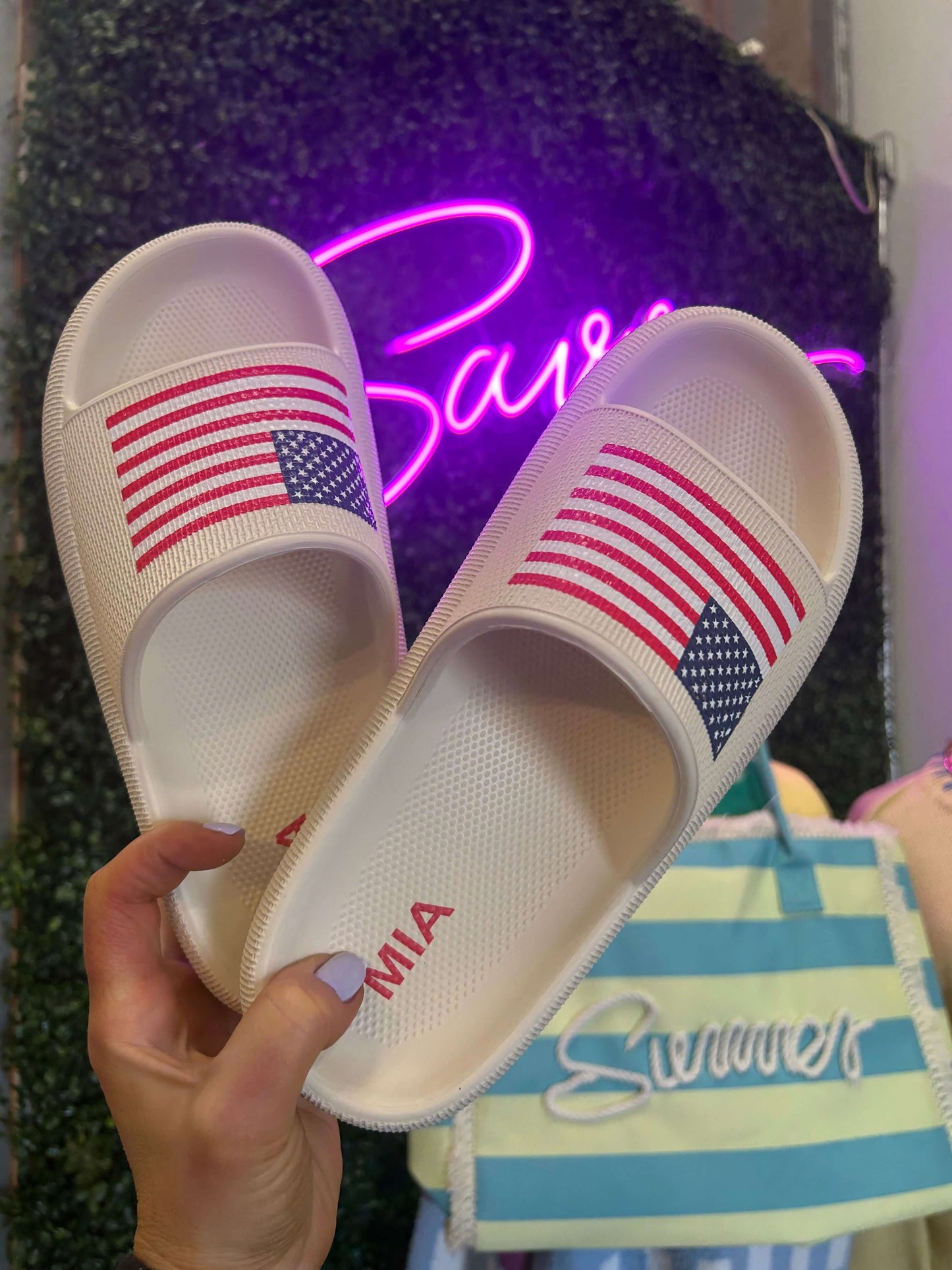 MIA American flag pool slide sandals for summer, featuring a slip-on design and true whole size fit.