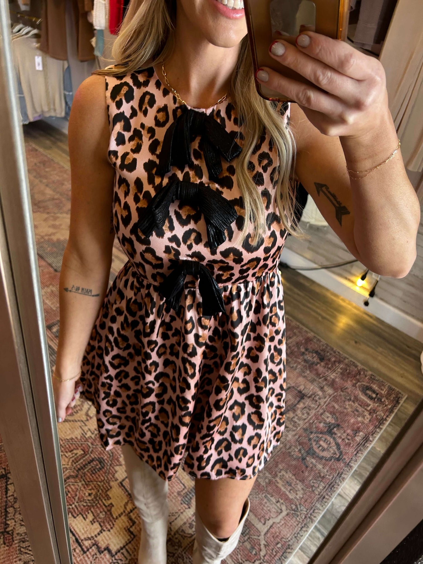 Leopard Cinched Waist Bow Tie Dress