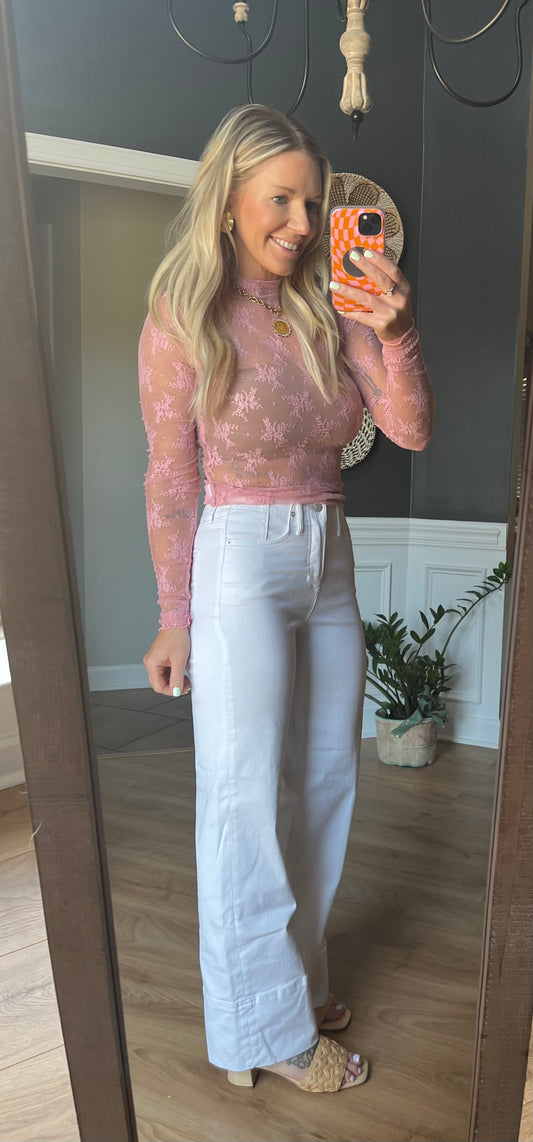 Layered in Lace Sheer Top/ pink