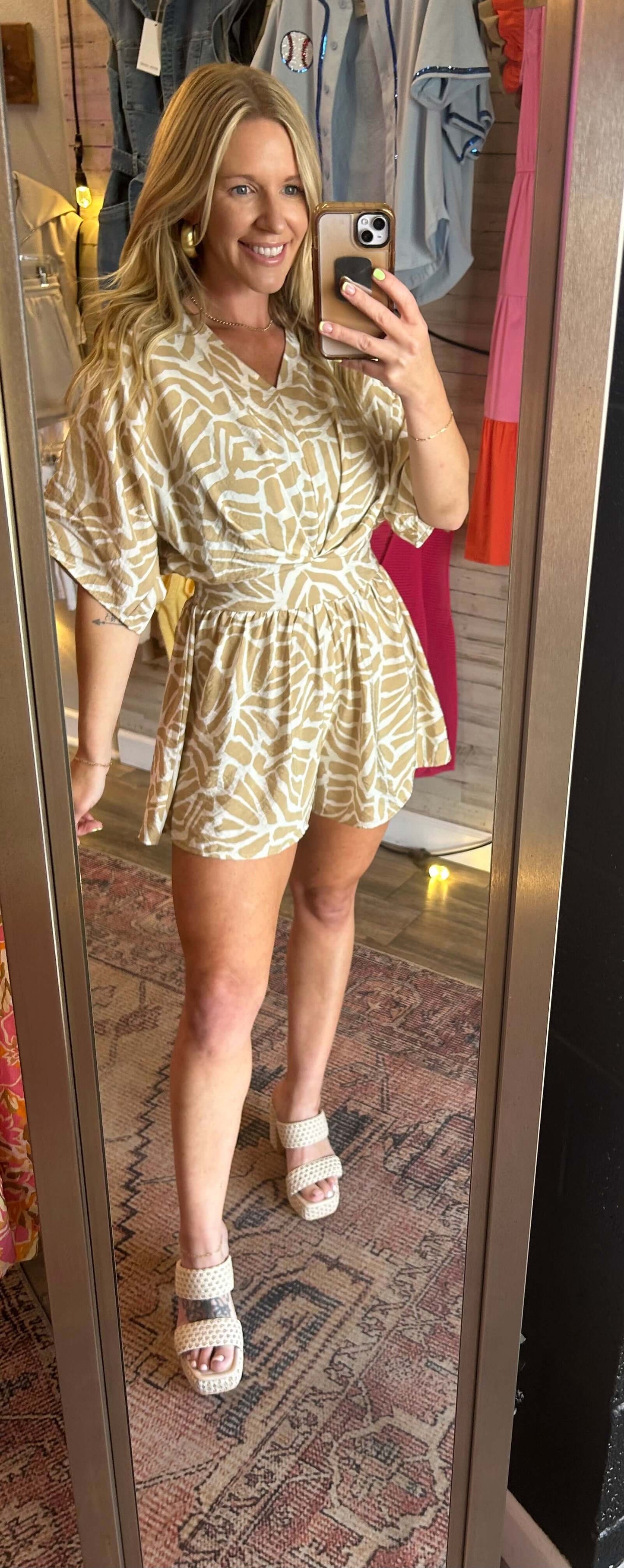 Kimono Sleeve Abstract Smocked waist Romper