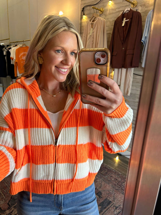 Orange&White Cable Knit Zip Up Hoodie