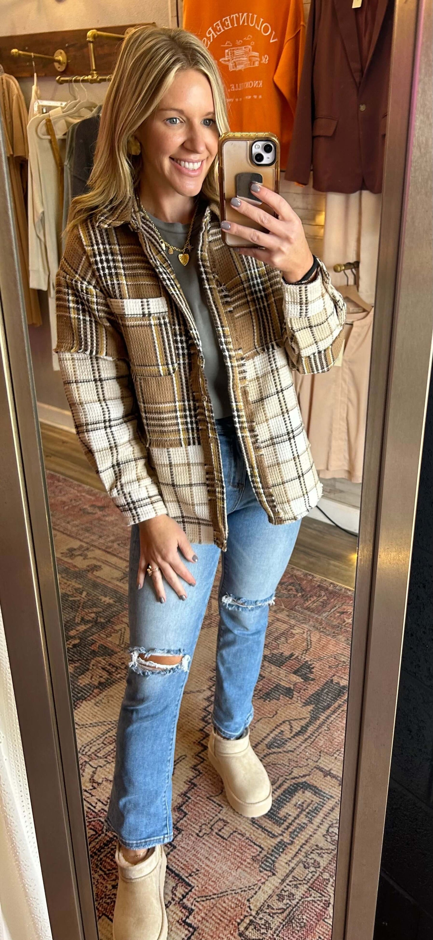 Mocha Waffle Frayed Flannel Button Up