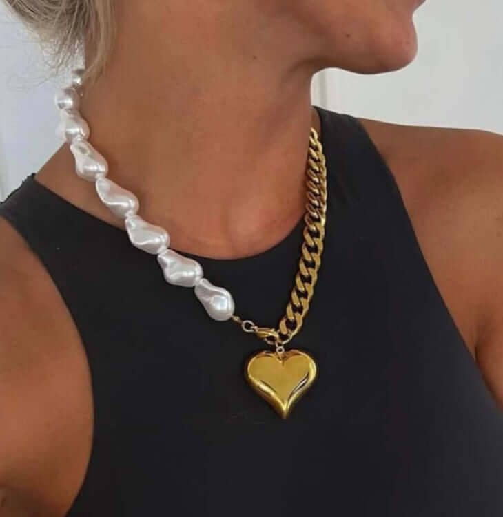 Charlotte Necklace with water pearls and gold chain, featuring heart pendant, stylish and water-resistant, 17 inches long.