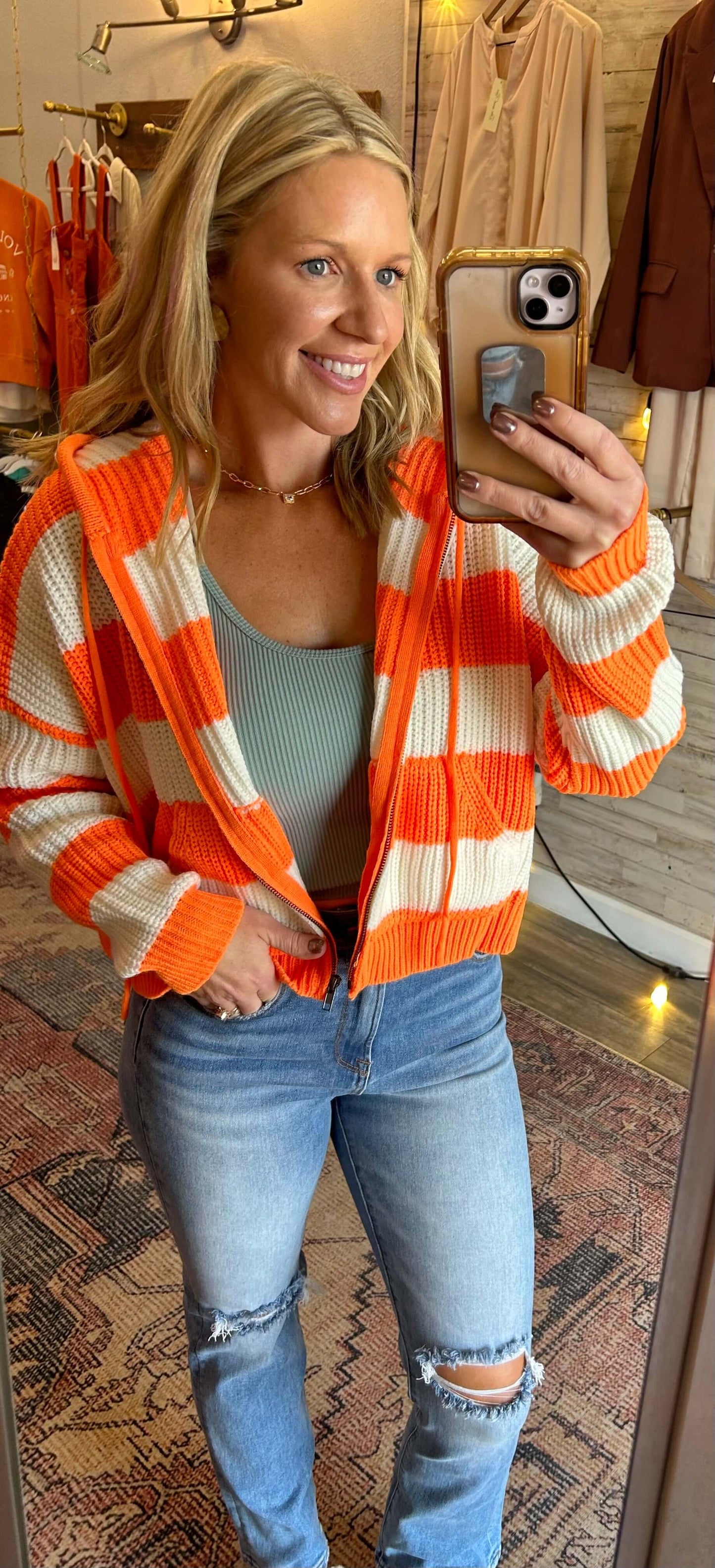 Orange&White Cable Knit Zip Up Hoodie