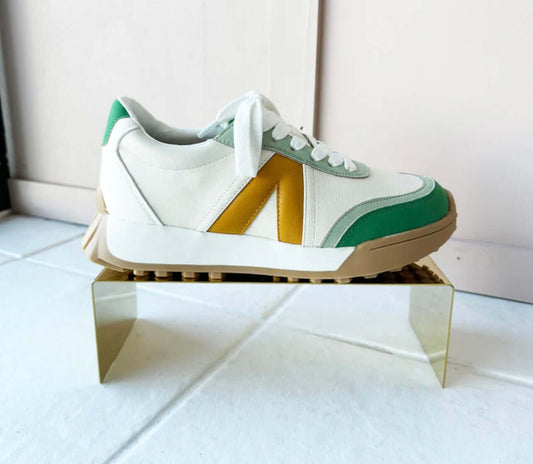MIA Town Sneaker in multi green with color-blocked V detailing on contoured footbed and rubber outsole.