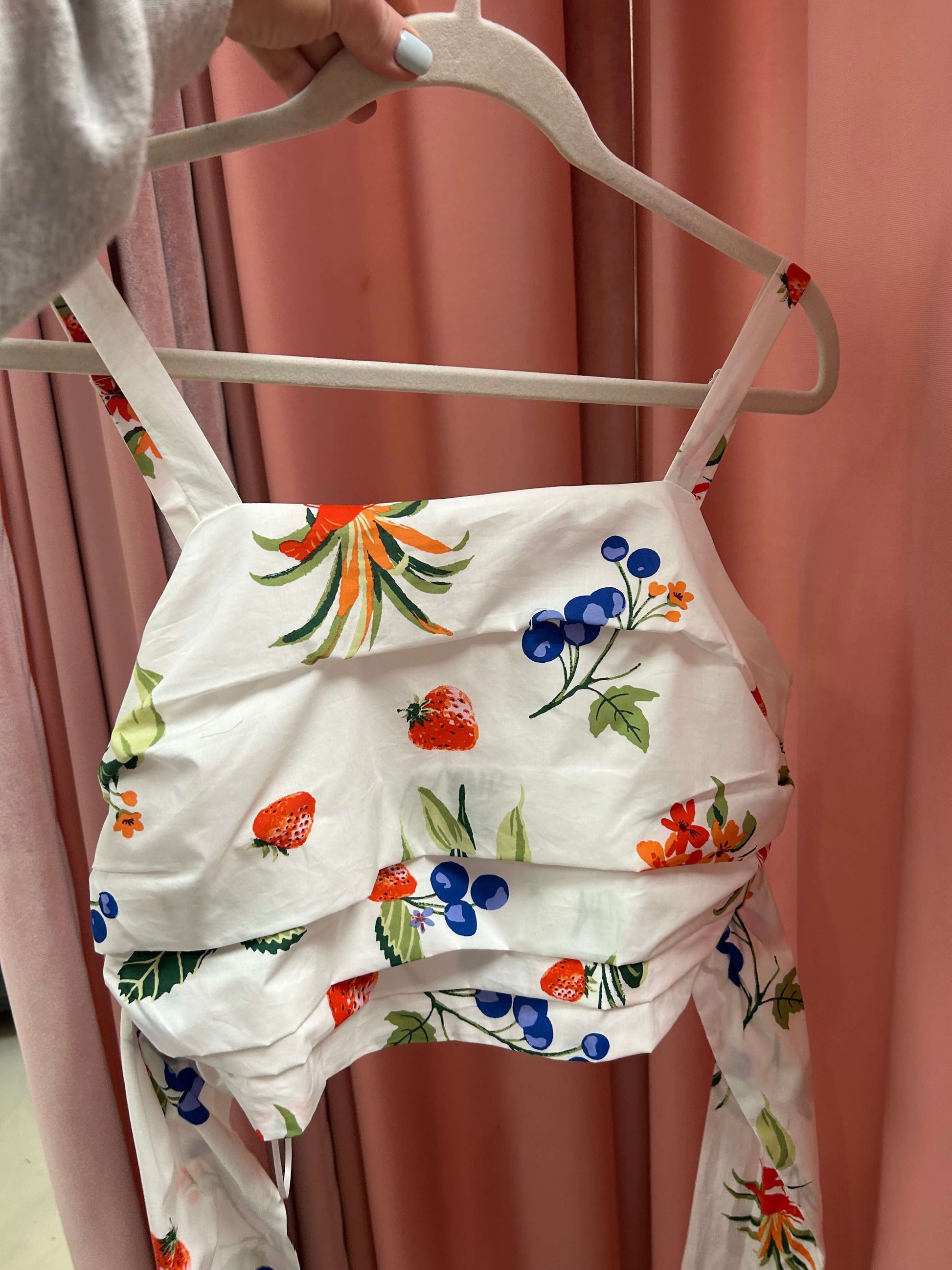 Sweet Summer 2pc Skirt Set top with vibrant fruit print, adjustable straps, perfect for summertime elegance.