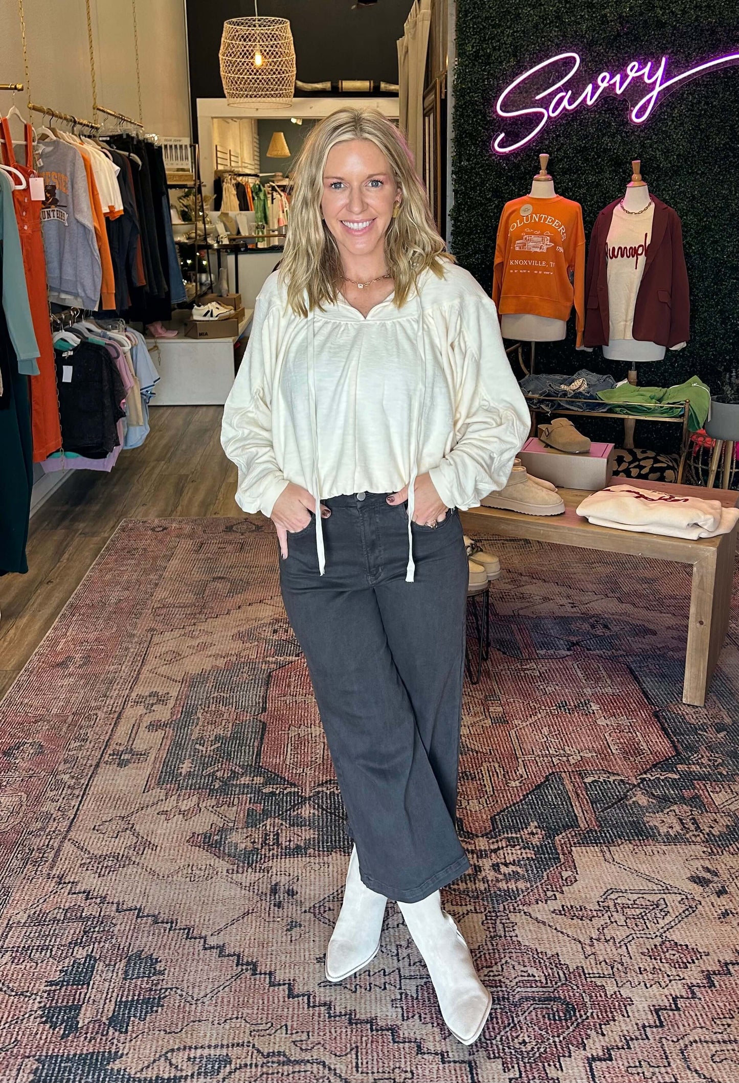 Textured Balloon Sleeve Shirring Detail Top/ cream