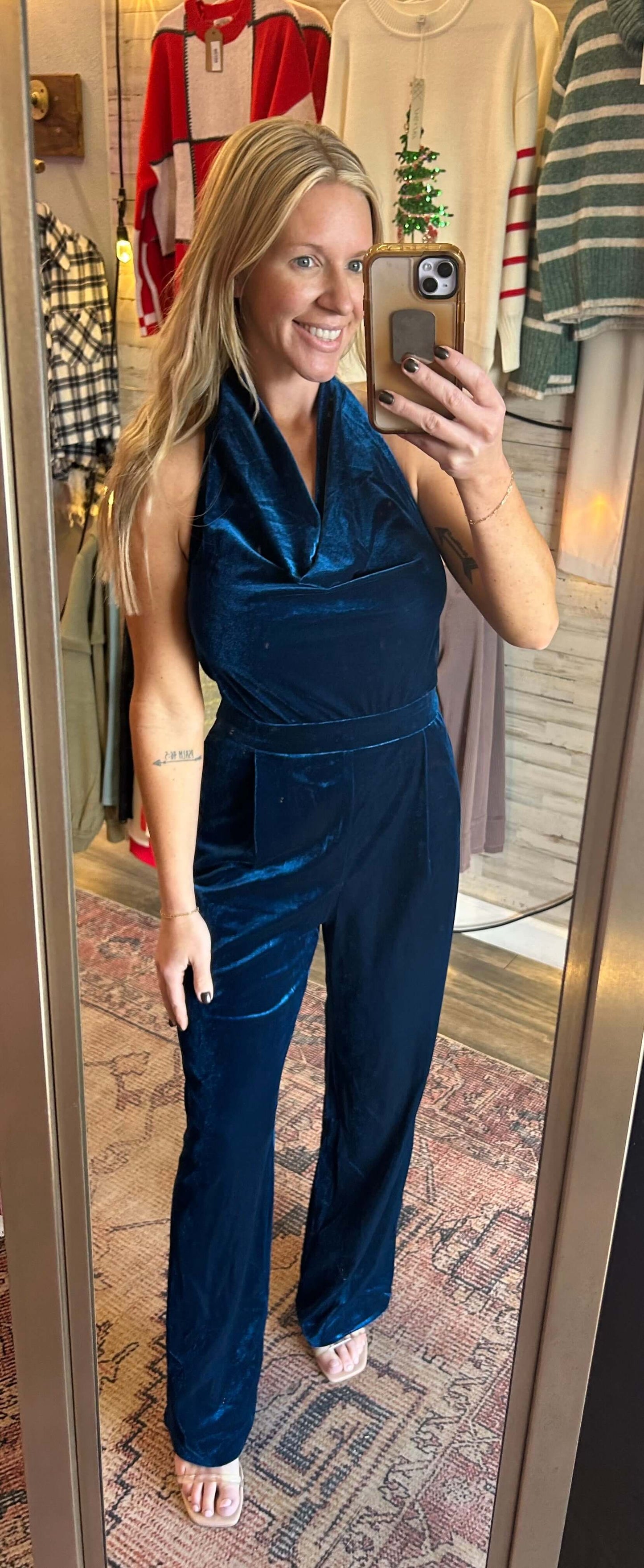 Velvet Cowl Neck Jumpsuit / Teal
