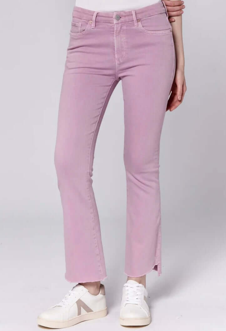 Dear John Jeanne Crop Flares in Lilas: mid-rise raw cut hem jeans with flare silhouette and casual chic style.