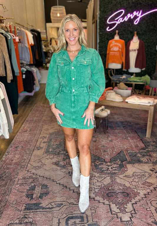 Corduroy Button Down Dress/ Kelly Green
