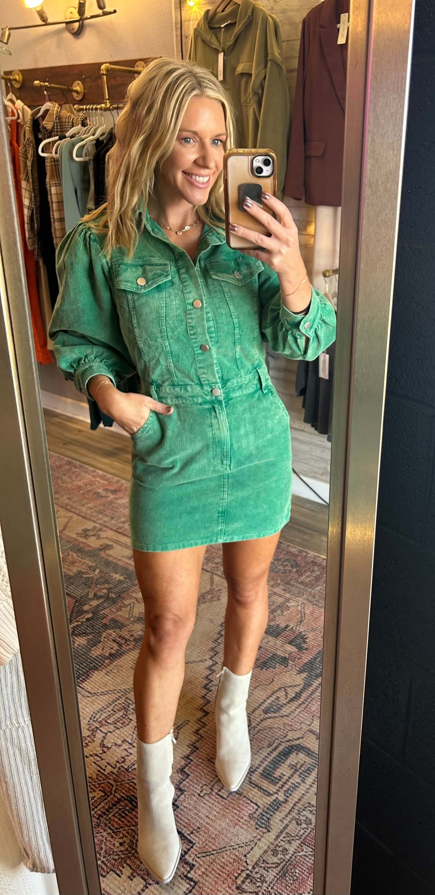 Corduroy Button Down Dress/ Kelly Green