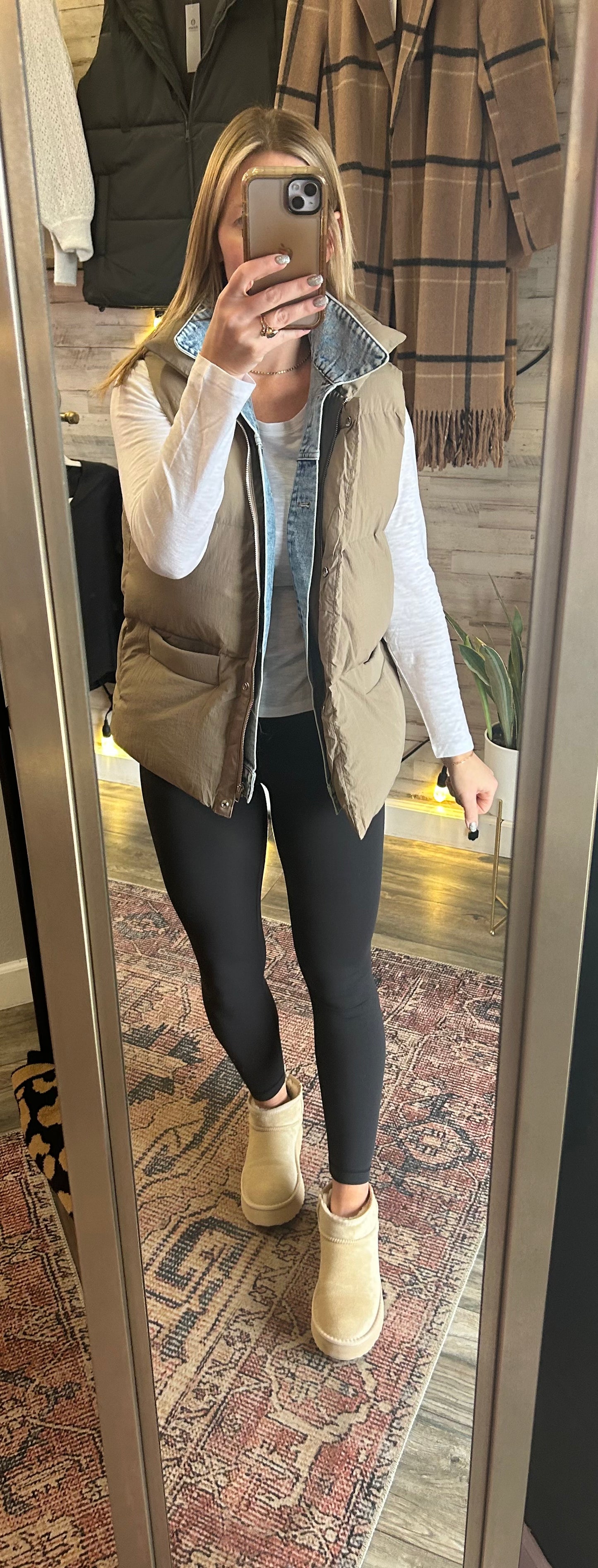 Denim Layered Puffer Vest/mushroom