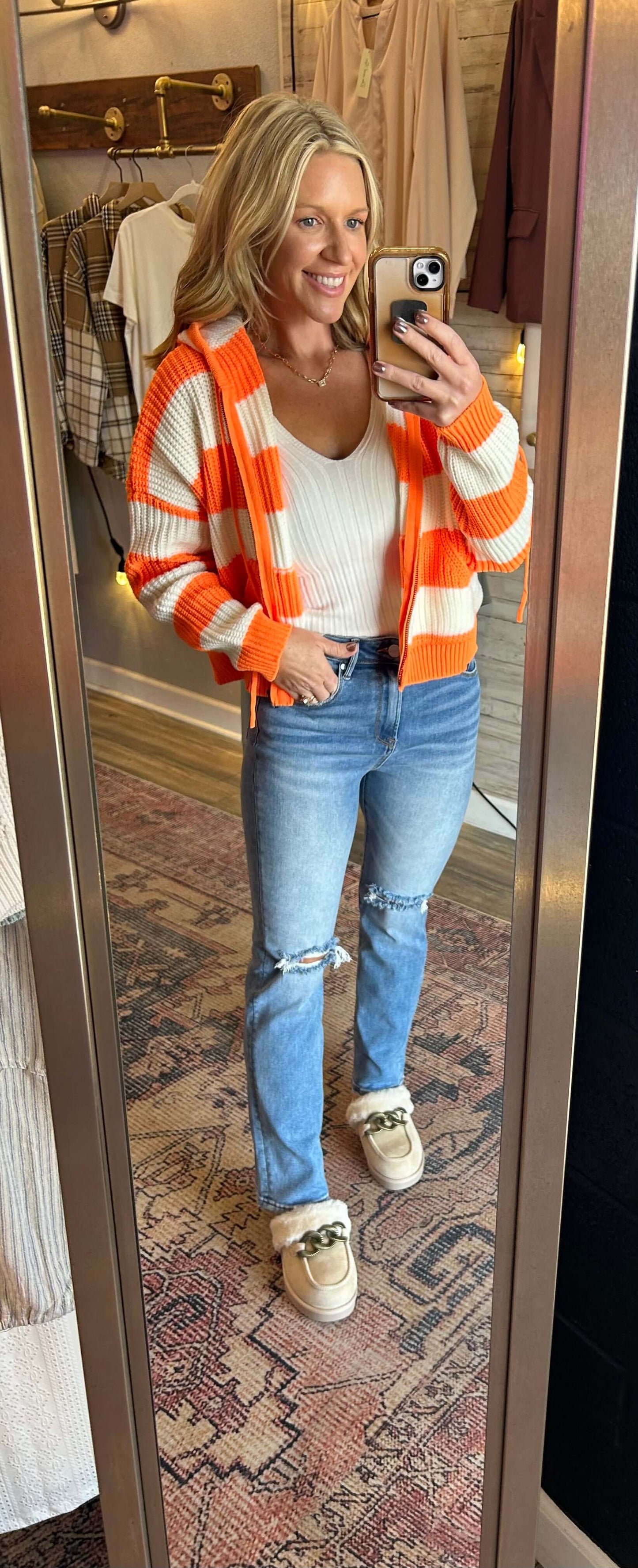 Orange&White Cable Knit Zip Up Hoodie