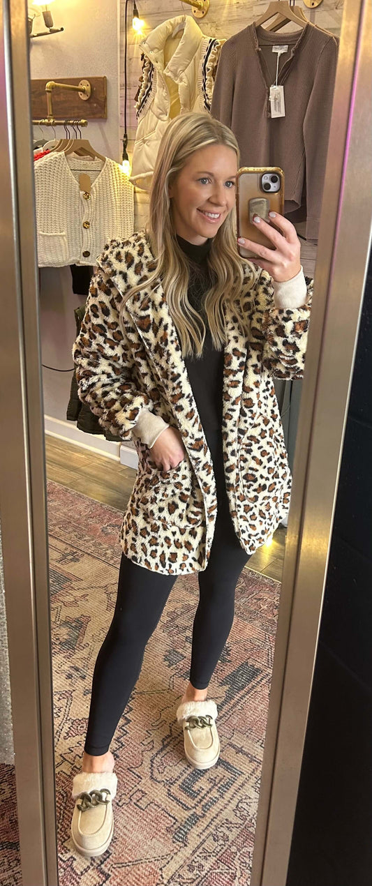 Fuzzy Leopard Open Front Cardigan