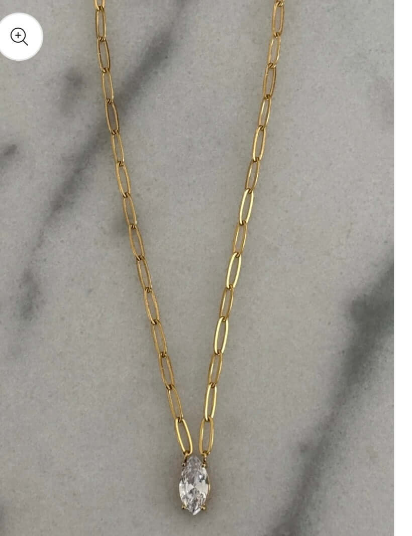 Good + Diamond Pendant Necklace featuring a gold chain and sparkling diamond pendant, water-resistant design, 16-18 inches.