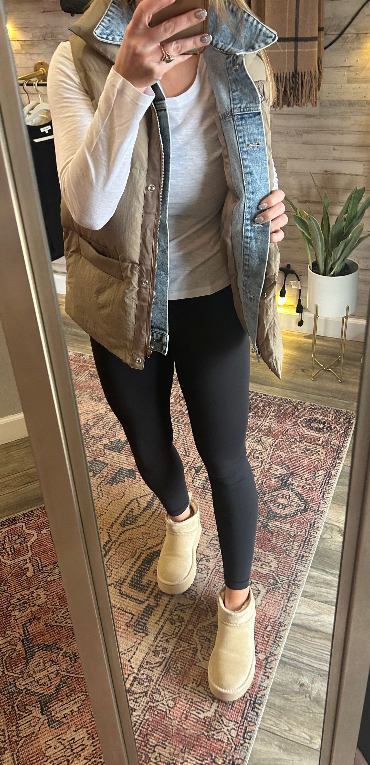 Denim Layered Puffer Vest/mushroom