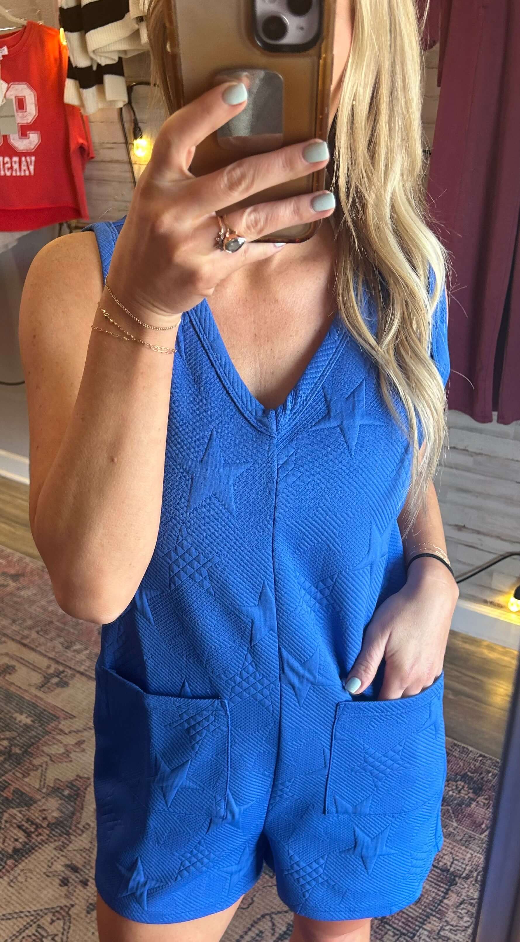 Royal blue STAR V Neck romper with pockets, perfect for Spring Break, 4th of July, and Memorial Day celebrations.