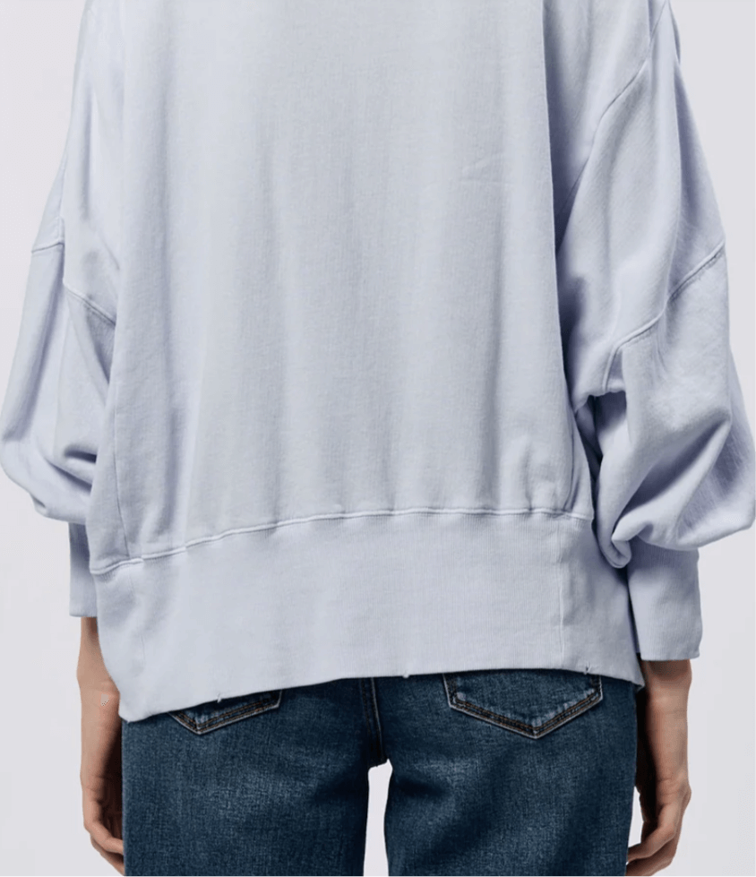 Back view of light blue oversized Trenton crewneck pullover, showcasing its relaxed fit and stylish design.