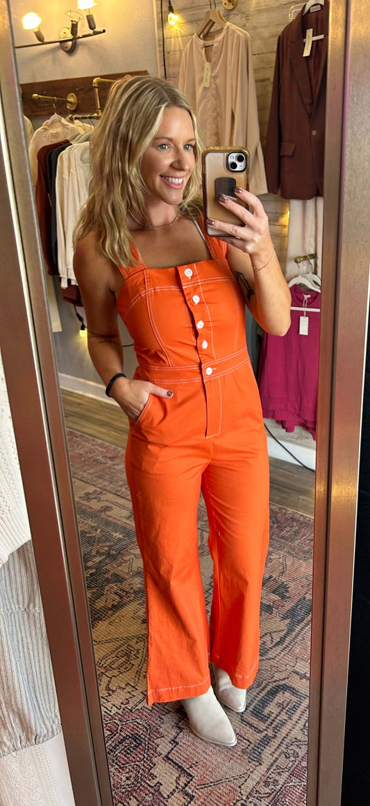 On Point Square Neck Wide Leg Overall Jumpsuit / Orange
