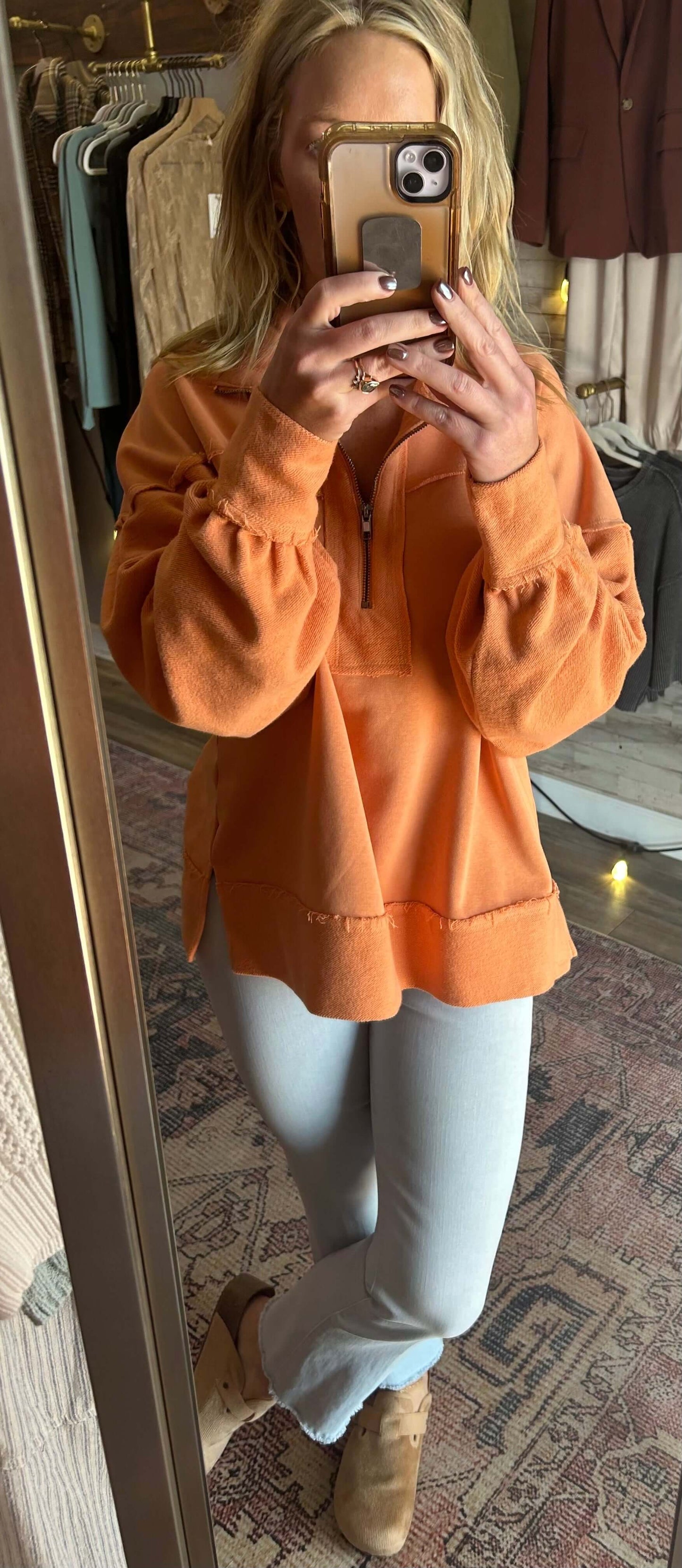 Washed Terry Zipup Pullover/ Orange