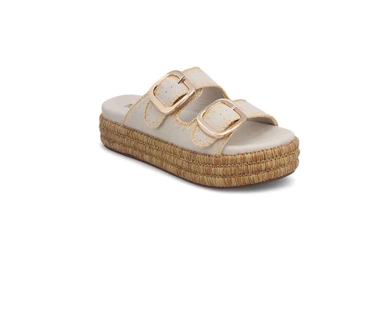 Mieko platform sandals in seashell with gold buckles and raffia wrapped sole, perfect for a boho chic vacation look.