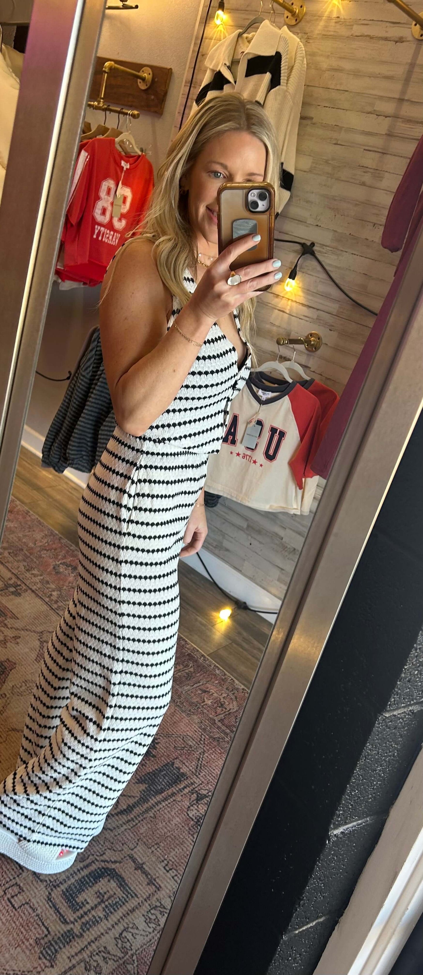 Woven 2pc black and white set showcased in a trendy summer outfit, perfect for any occasion.