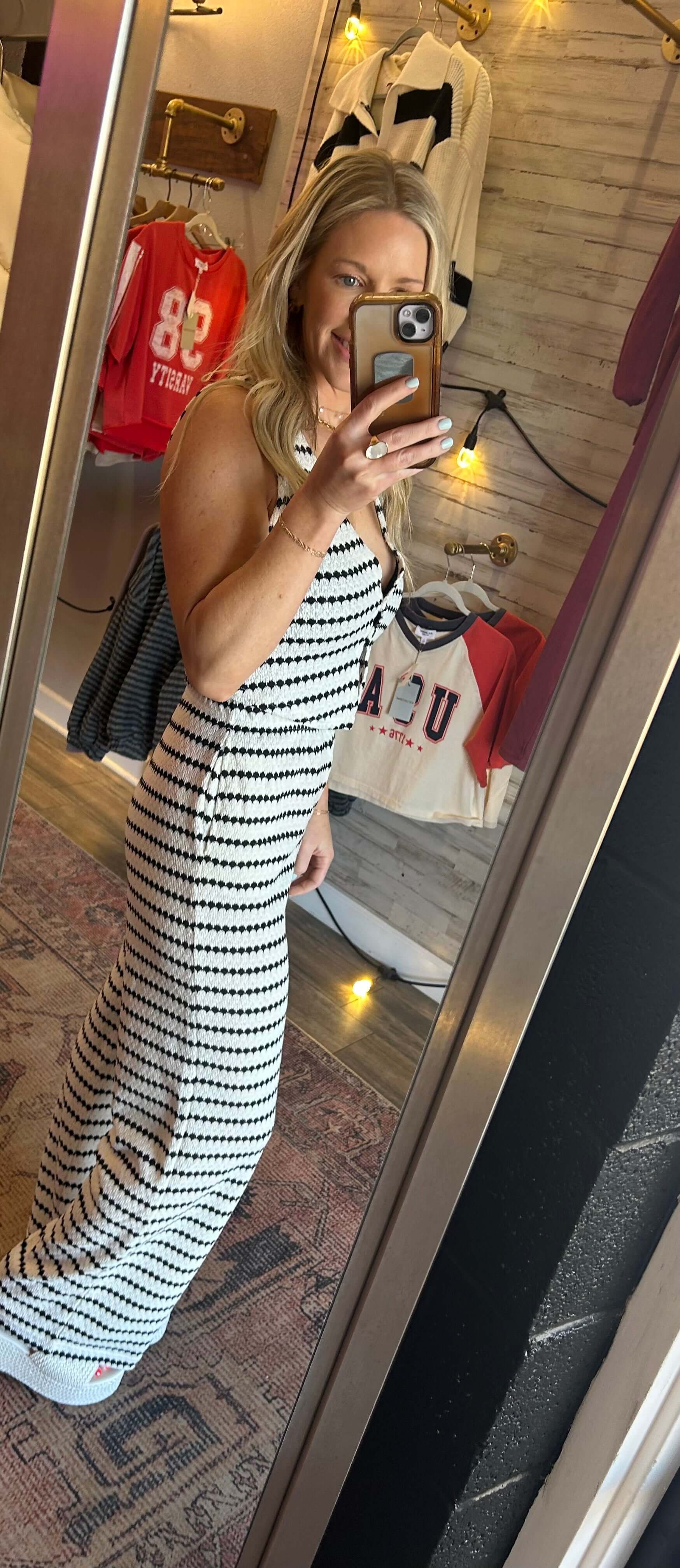 Woven 2pc black and white set showcased in a trendy summer outfit, perfect for any occasion.