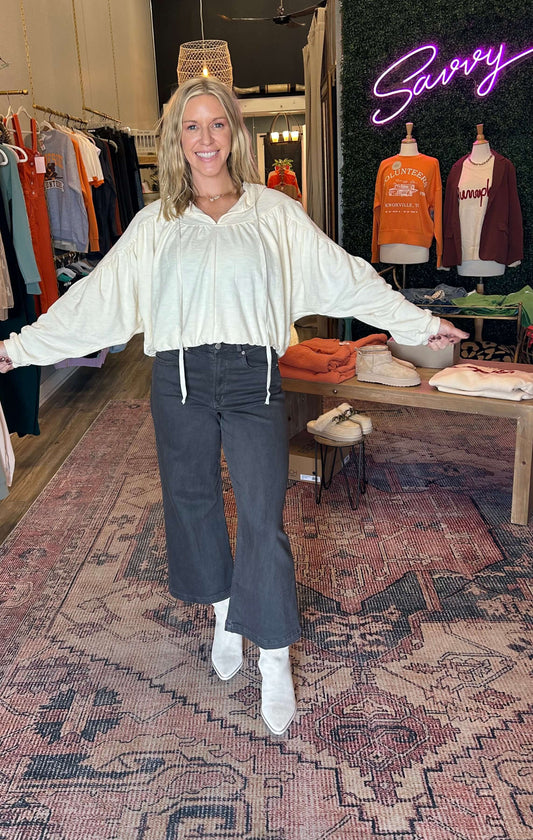 Textured Balloon Sleeve Shirring Detail Top/ cream