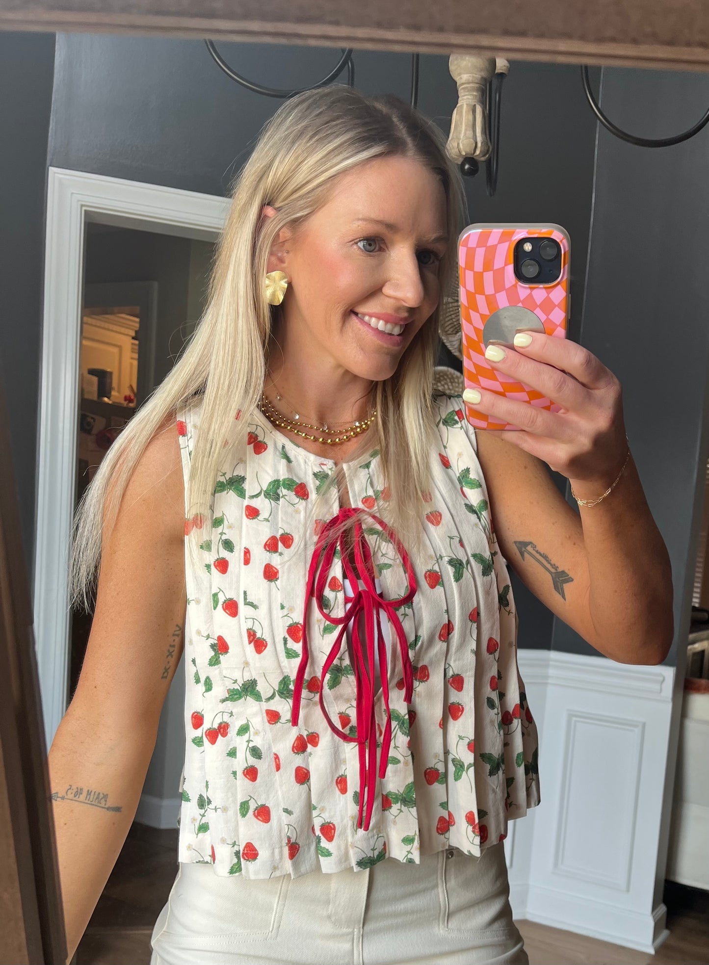 Berry Tie Front Pleated Top