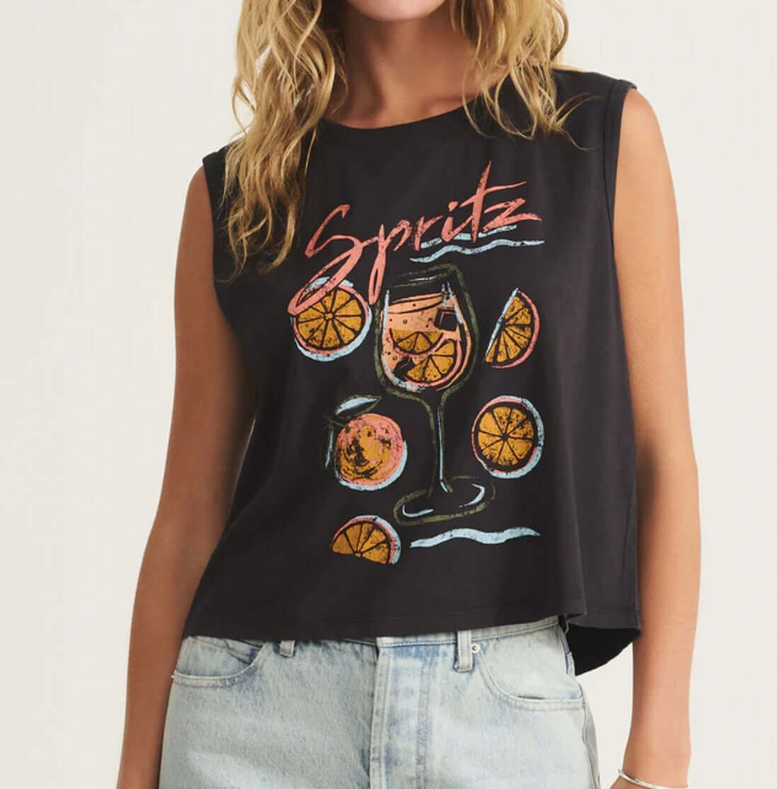 Z Supply Spritz La Mar Tank featuring a citrus graphic on a breezy muscle tank for summer style.