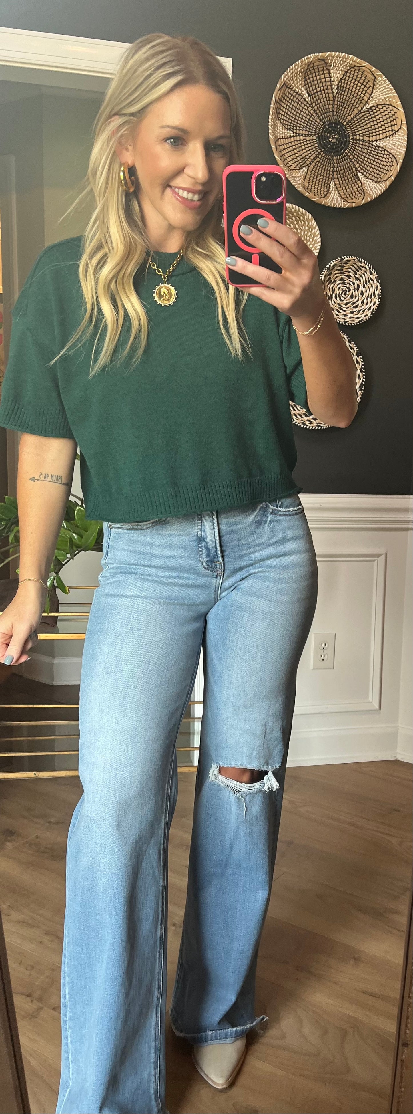 Round Neck Exposed Seam Juniper Green Sweater