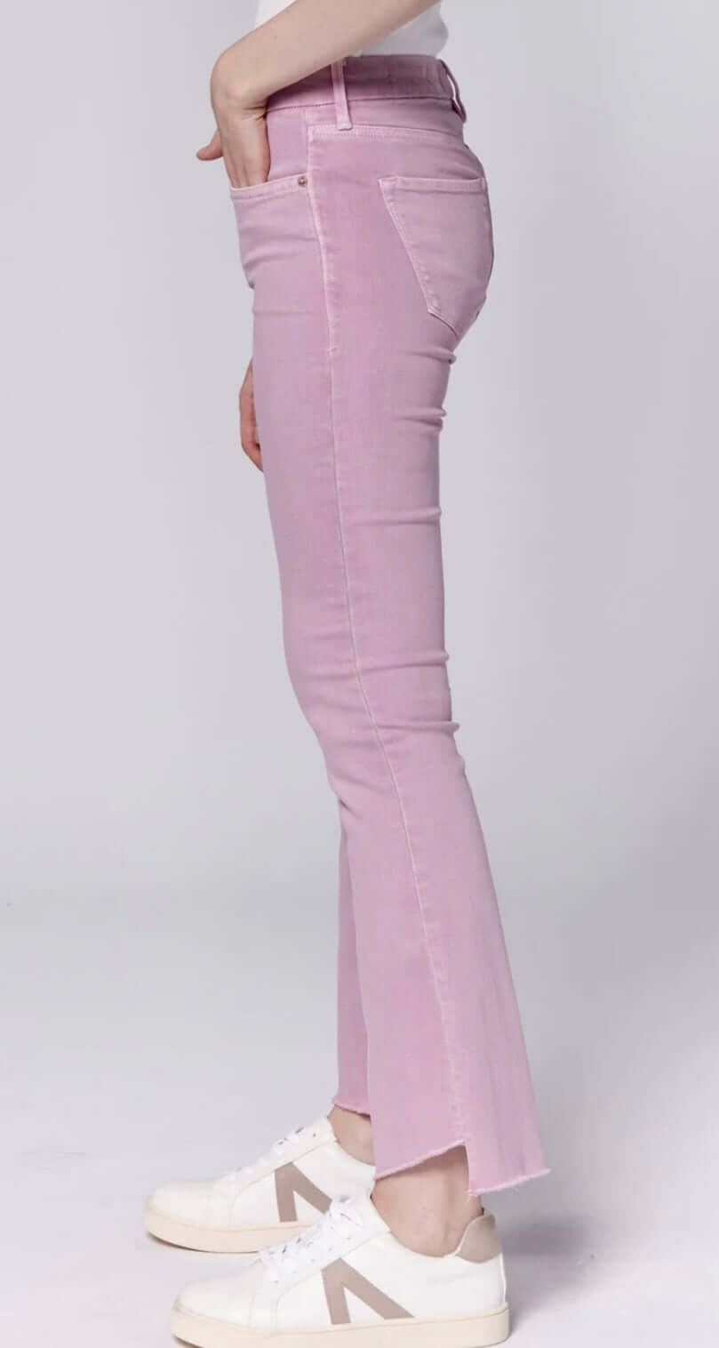 Side view of Dear John Jeanne Crop Flares in Lilas, showcasing raw cut hem and flare silhouette for women.