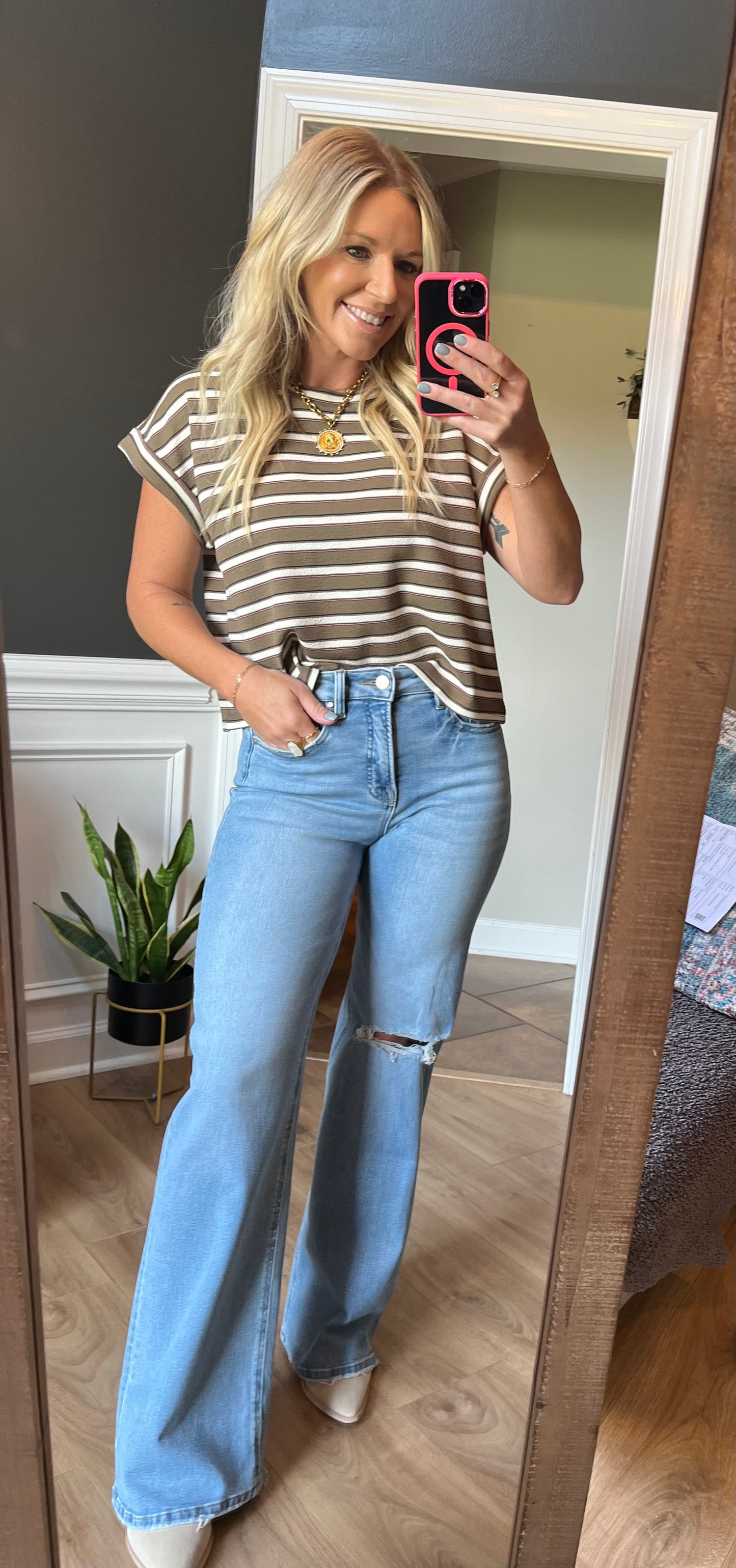 Olive Mocha Striped Short Sleeve Top