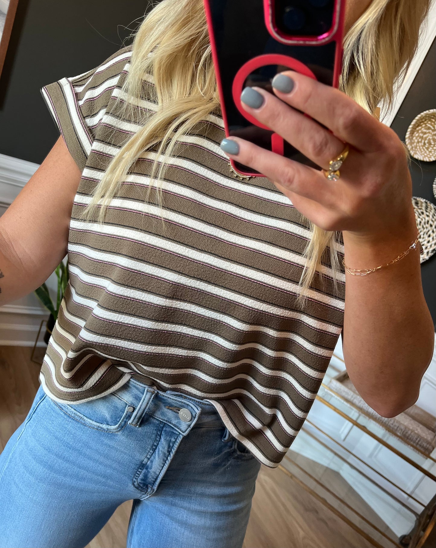 Olive Mocha Striped Short Sleeve Top