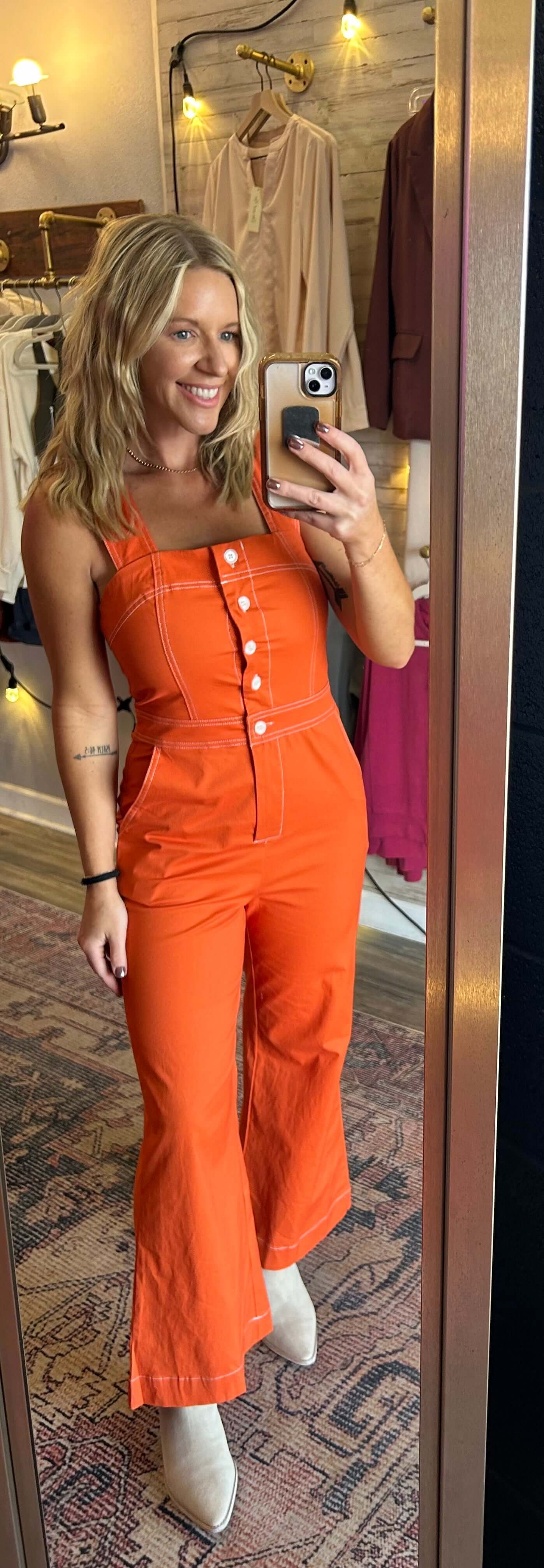 On Point Square Neck Wide Leg Overall Jumpsuit / Orange
