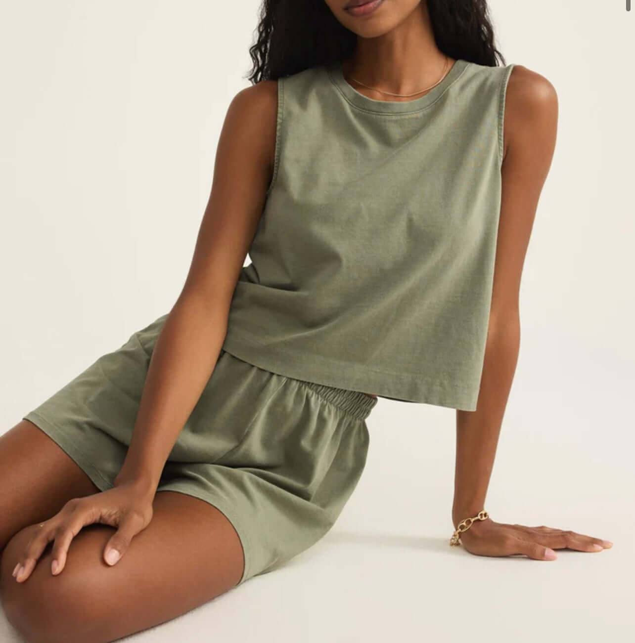 Model wearing Z Supply Avocado Sloan Tank and Scout Short set in soft, relaxed fit, showcasing everyday style.
