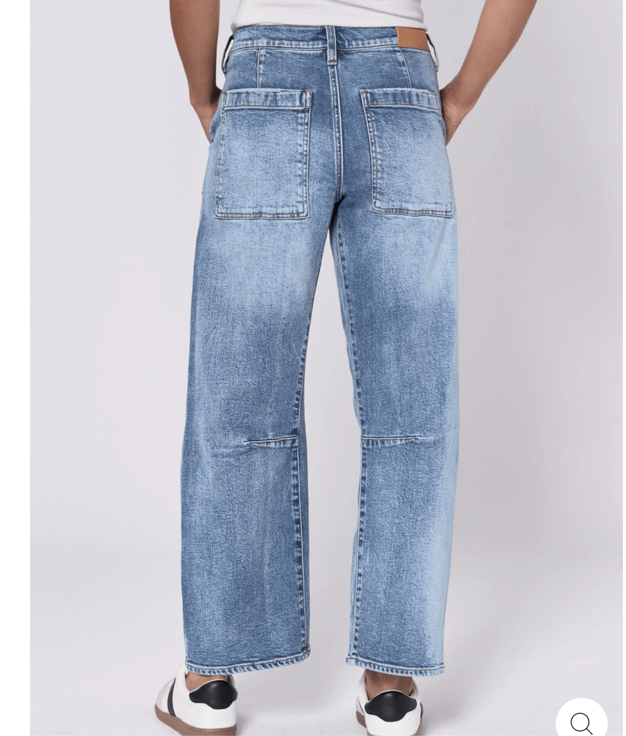 Back view of Dear John Lasso Highrise Loose Fit Cropped Barrel Jeans in medium wash with utility pockets.