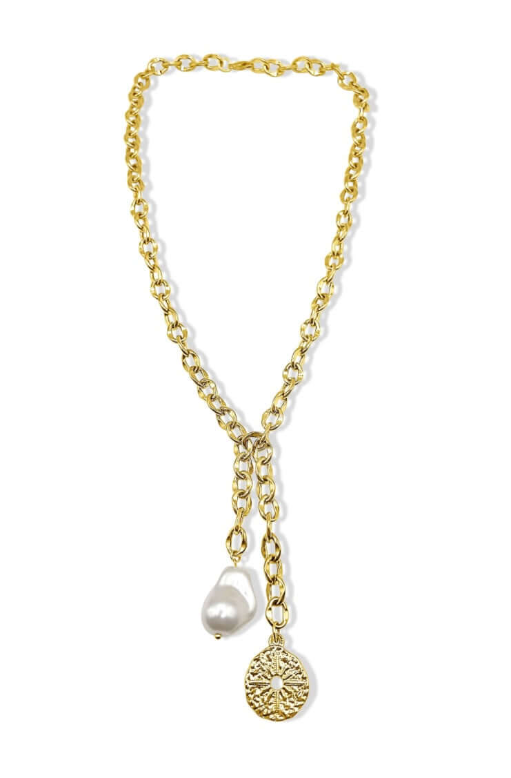 KristalizeJewelry "Baker" Necklace: 20" adjustable drop necklace with pearl and coin, made from waterproof stainless steel.
