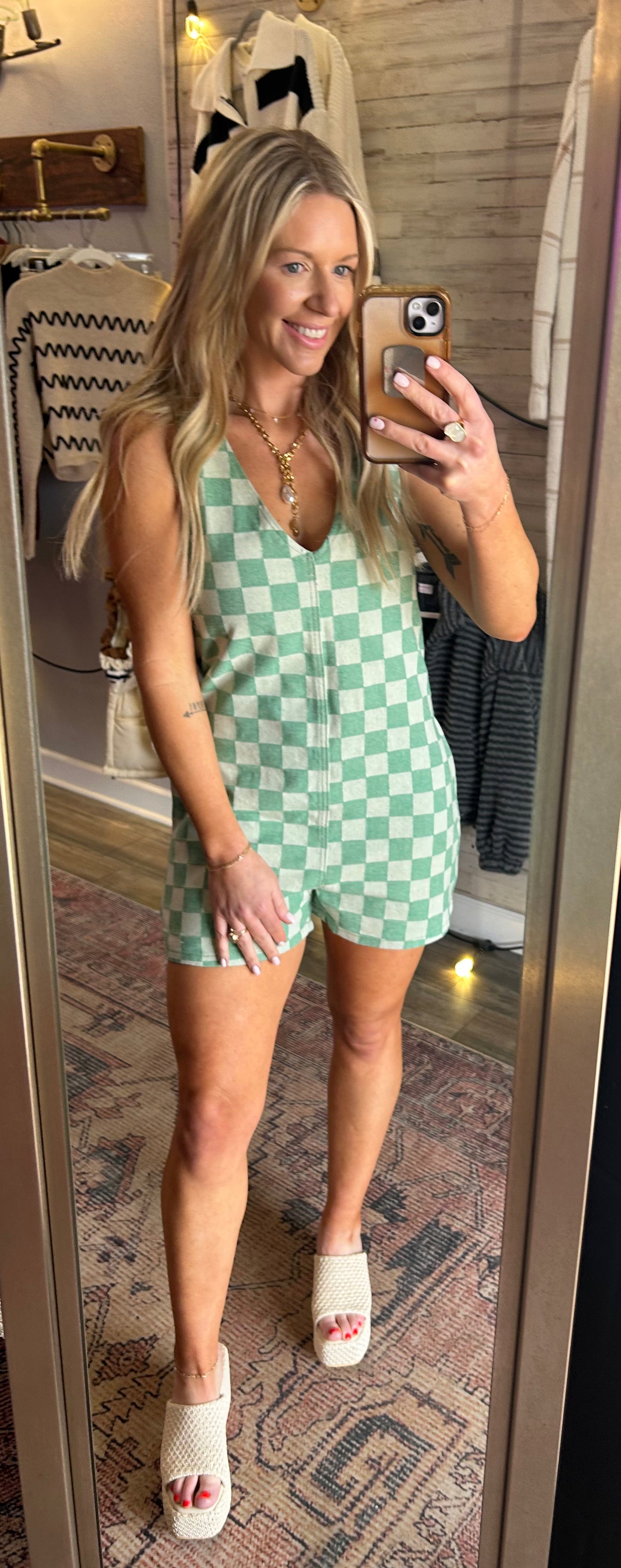 Checkered Romper/Evergreen