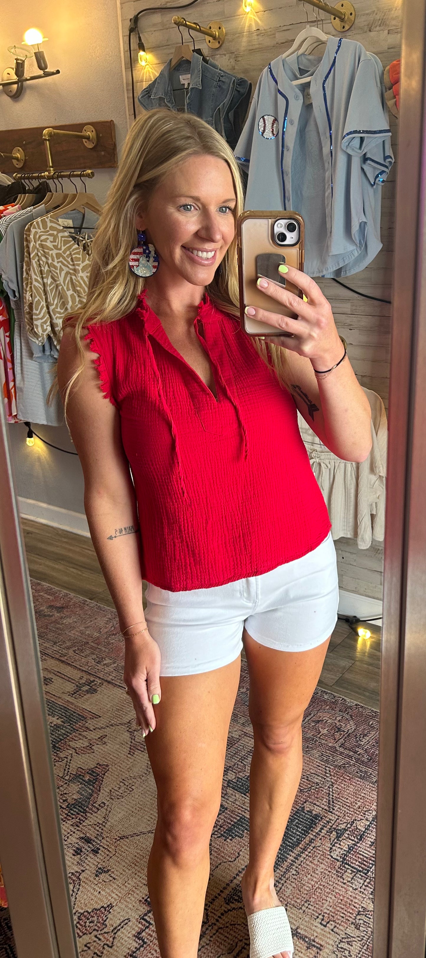 Red Gauze V neck Distressed Sleeve Tank