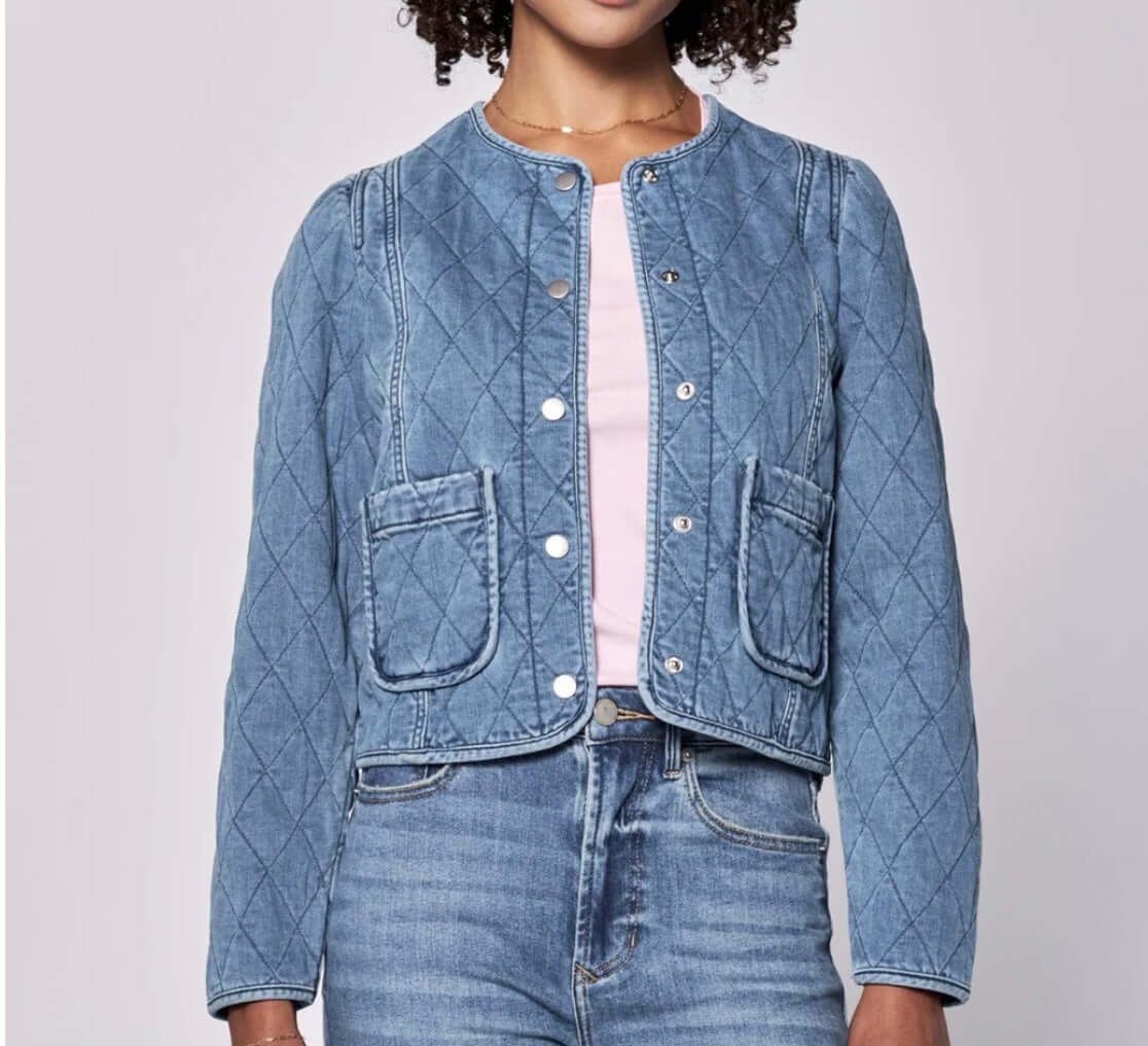 Dear John Kit quilted puff jacket in blue, featuring chic puff sleeves and a tailored fit for stylish layering.