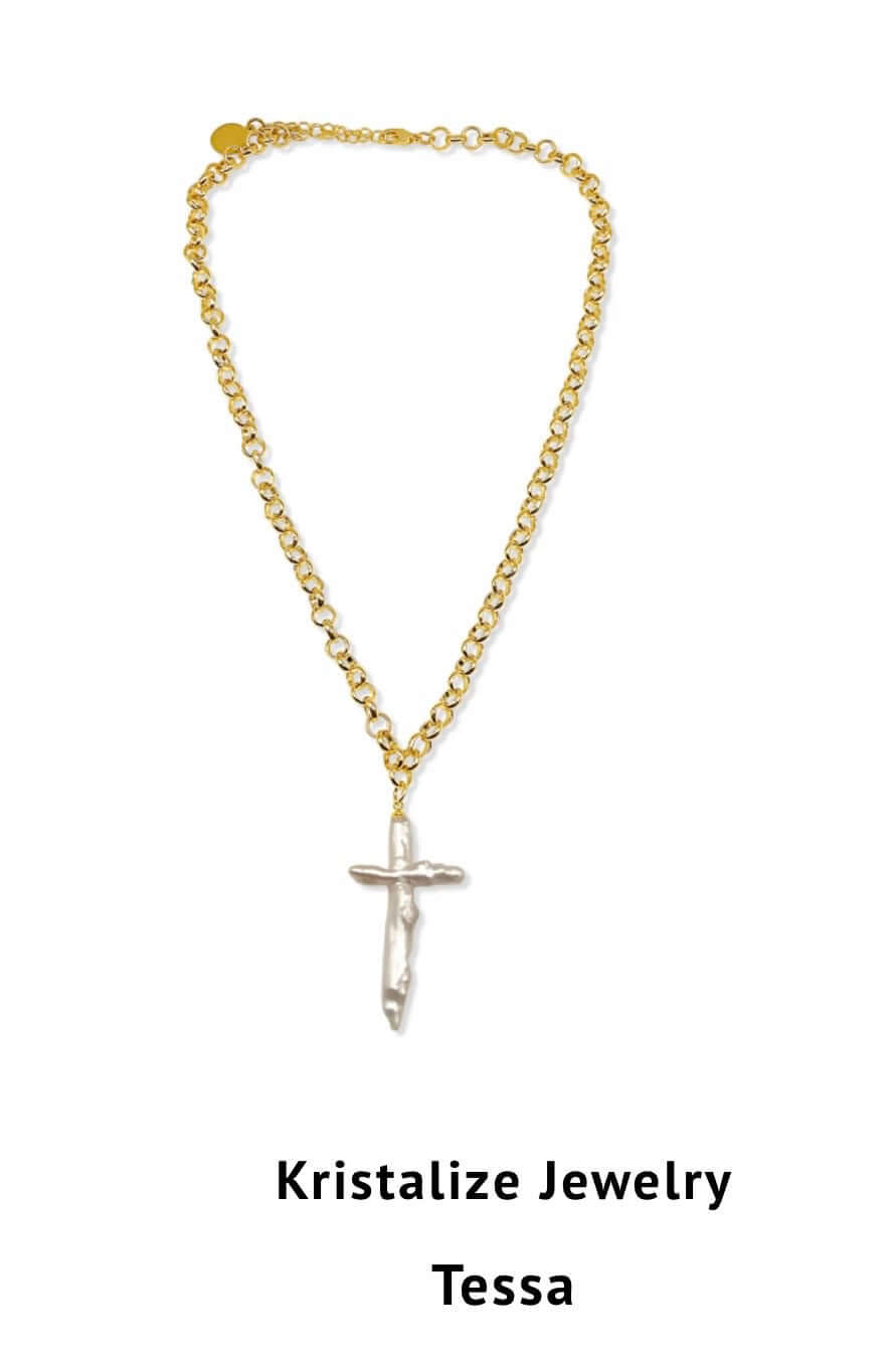 Kristalize Jewelry Tessa cross necklace featuring fresh water pearls and gold chain, 18” with 3” extender.
