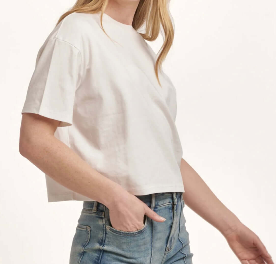 Dear John Maddox white boyfriend jersey top featuring short sleeves and a relaxed silhouette for versatile styling.