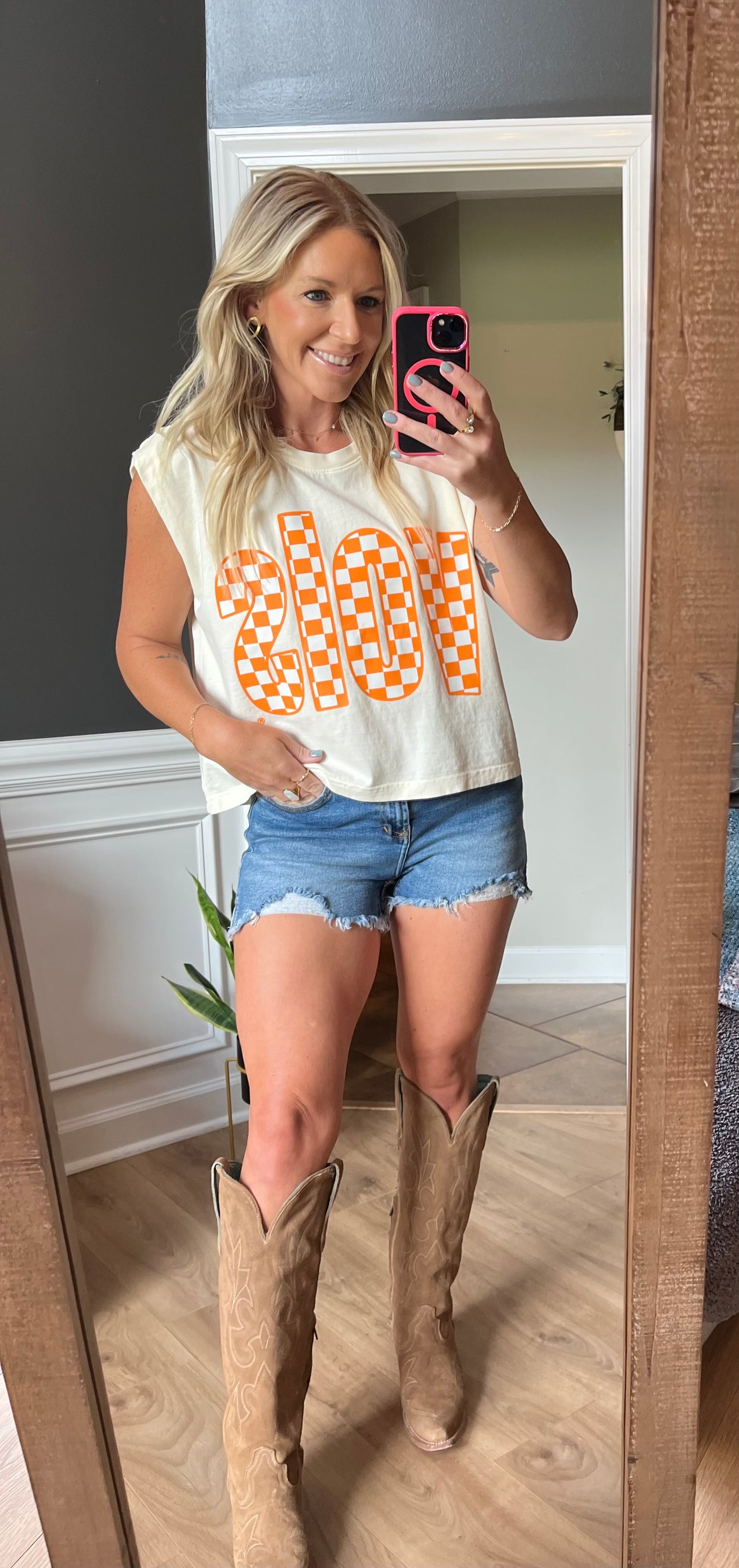 TN Vols Checkered Muscle Tank/Ivory