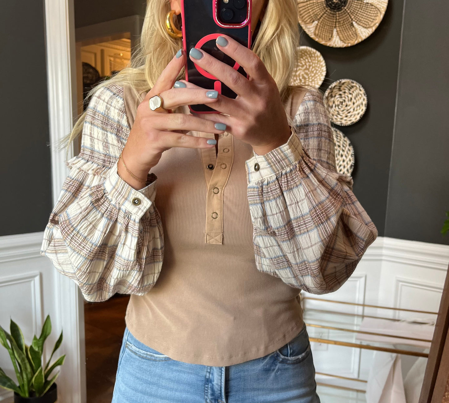 Plaid Balloon Sleeve Rib Henley Top